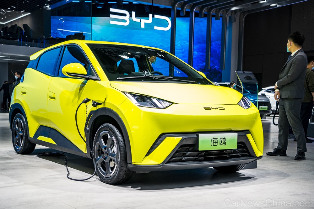 BYD Seagull electric car on display at the 2023 Shanghai Auto Show.